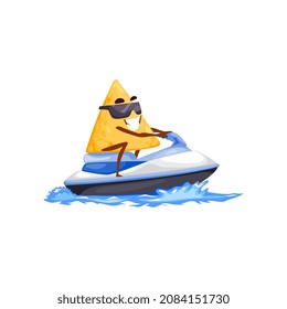 Nachos surfing on water jet ski motorcycle isolated funny cartoon character. Vector corn tortilla or crispy chips in sunglasses, summer holidays sport activity. Smiling mexican food emoticon on rest