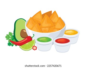 Nachos tortilla chips and salsa sauce vector illustration. Chips and dips drawing. Bowl of corn chips and garnish still life icon vector isolated on a white background