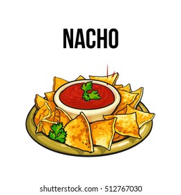 Nachos, traditional Mexican food made of corn tortilla with salsa sauce, sketch style vector illustration on white background. 