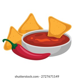 Nachos vetor ilustração milho chips com molho de salsa de tomate picante vermelho e pimenta chili isolado no fundo branco perfeito para projetos de alimentos e receitas