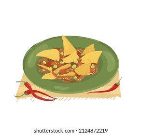 Nachos. Vector illustration of Traditional Mexican food. Corn chips with guacamole and meat. Mexican snacks.