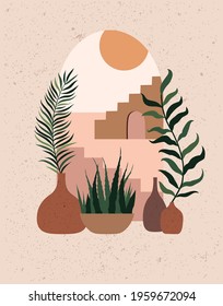 Nackground in boho style with flowers in the vases.Vector illustration