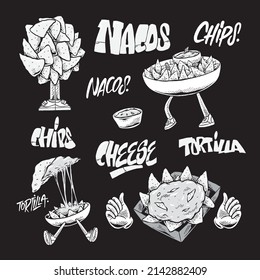 Naco Tortilla Chips, Beer and Guacamole, Cheese and Tomato Dip Sauce in graffiti illustration style