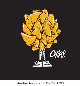 Naco Tortilla Chips and Guacamole, Cheese and Tomato Dip Sauce in graffiti style illustration