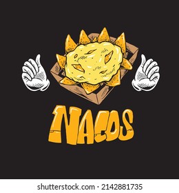 Naco Tortilla Chips and Guacamole, Cheese and Tomato Dip Sauce in graffiti style illustration