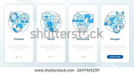 Nadler Tushman congruence framework blue onboarding mobile app screen. Walkthrough 4 steps editable graphic instructions with linear concepts. UI, UX, GUI