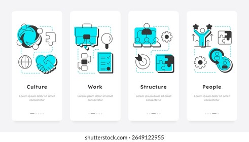 Nadler Tushman congruence framework mobile app onboarding screens. Analyze business needs. Data research. Flat UI UX design, green highlight with outline icons conceptual