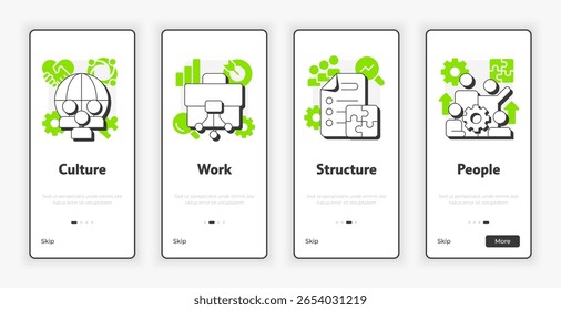 Nadler Tushman congruence framework mobile onboarding screen. Gap analysis methods UX UI illustration. Flat outline style icons with green accent