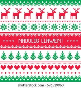 Nadolig Llawen - Merry Christmas in Welsh greetings card, seamless pattern 