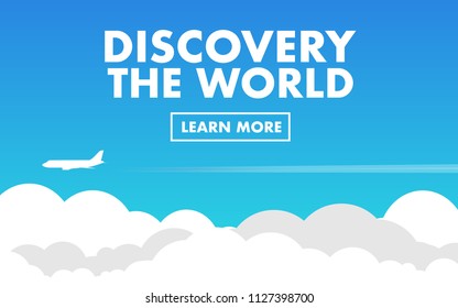 
Nadscape view above the cloud level with plane(airplane) is flying above the cloud and copy space for text "Discovery the world" for summer vacation wallpaper,background,backdrop,advertisement  