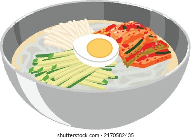 Naengmyeon is served with seasoned meat, boiled eggs, kimchi, broth eggs, pears, etc., and sprinkled with a clear, light and cold soup.