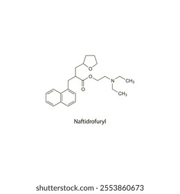 Naftidrofuryl flat skeletal molecular structure vasodilator drug used in vascular disorders treatment. Vector illustration scientific diagram.