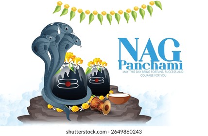 Nag Panchami festival with sacred serpents, Shivling adorned with flowers, and traditional elements reflecting devotion, auspiciousness, and cultural significance, honoring snake deities in Hindu tr