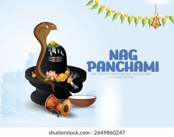Nag Panchami festival with sacred serpents, Shivling adorned with flowers, and traditional elements reflecting devotion, auspiciousness, and cultural significance, honoring snake deities in Hindu tr