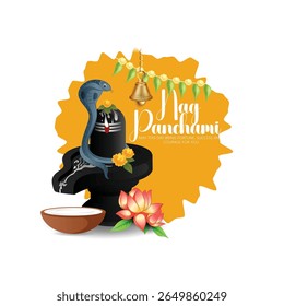 Nag Panchami festival with sacred serpents, Shivling adorned with flowers, and traditional elements reflecting devotion, auspiciousness, and cultural significance, honoring snake deities in Hindu tr