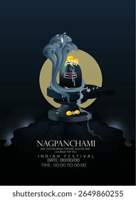Nag Panchami festival with sacred serpents, Shivling adorned with flowers, and traditional elements reflecting devotion, auspiciousness, and cultural significance, honoring snake deities in Hindu tr