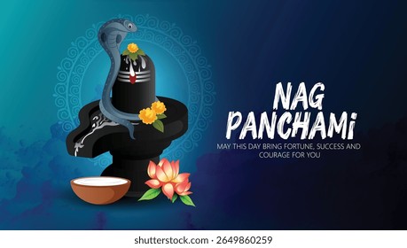 Nag Panchami festival with sacred serpents, Shivling adorned with flowers, and traditional elements reflecting devotion, auspiciousness, and cultural significance, honoring snake deities in Hindu tr