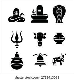 Nag Panchami icon set. Sacred snake, Lord Shiva and Hindu religious symbols in solid black silhouette style