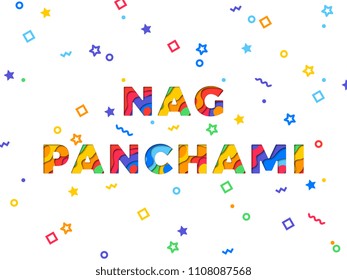 nag panchami text with paper cut layers and colorful confetti on white background. vector illustration for banner, poster, greeting card, flyer, invitation, brochure