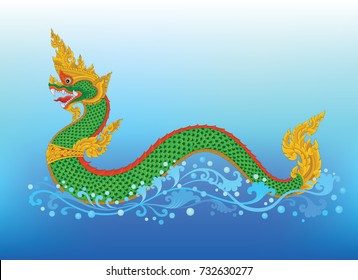 Naga Big snake in water, Thai traditional art vector.