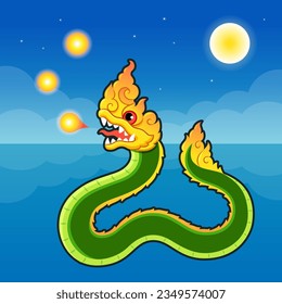 Naga fireball Festival on Mekong river in Thailand. Fire breathing Naga serpent in modern cartoon style. Vector clip art illustration.