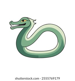 Naga Flat Vector Illustration, Serpent Design, Stylized, Cartoon, Modern Aesthetic, Green Body, Golden Eyes