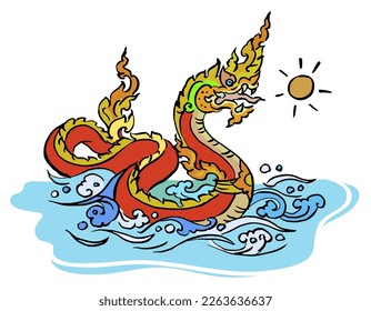 Naga swimming with the sun vector for card, decoration, illustration