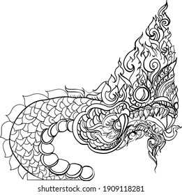 Naga thai Drache einzeln auf weißem Hintergrund.Line thai tätoto.Buddhismus Tier aus Himmapan Wald. 