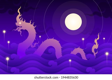 Naga o dragón tailandés en el río con bola de fuego y luna llena, silueta de fantasía ilustración vectorial o fondo de fondo