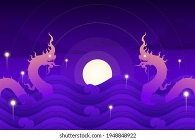 Naga or thai dragon in the water with full moon, fantasy silhouette vector illustration or background wallpaper