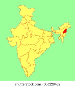 Nagaland Mon state, India, vector map silhouette illustration isolated on India map. Editable blank vector map of India.