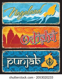 Nagaland, Odisha y Punjab, estados indios, con placas o pancartas vintage. Carteles envejecidos de vectores, lugares de destino de viaje de la India. Placas de grunge retro, placas de señalización turística gastadas con adorno