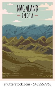 Nagaland retro poster. Nagaland travel illustration. States of India greeting card.