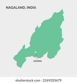 Mapa del estado de Nagaland con la capital Kohima marcado en un aislado fondo de la llanura. Nagaland, vector de la India, mapa de ilustraciones.