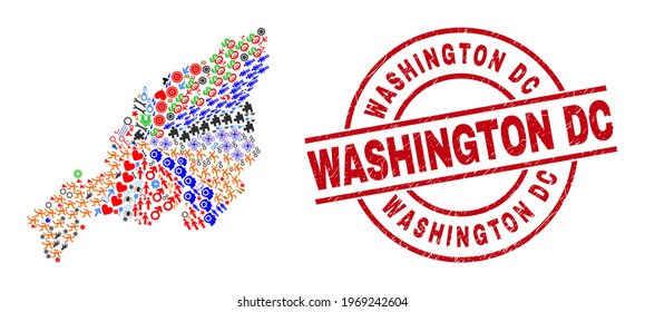 Nagaland State map collage and textured Washington DC red circle stamp seal. Washington DC seal uses vector lines and arcs. Nagaland State map mosaic includes markers, homes, wrenches, suns,