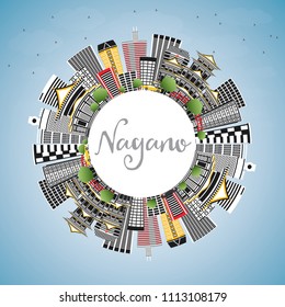 Nagano Japan City Skyline with Color Buildings, Blue Sky and Copy Space. Vector Illustration. Business Travel and Tourism Concept with Modern Architecture. Nagano Cityscape with Landmarks.