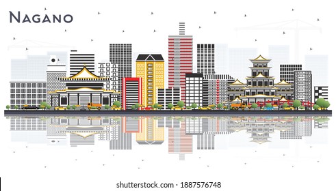 Nagano Japan City Skyline with Color Buildings and Reflections Isolated on White Background. Vector Illustration. Travel and Tourism Concept with Modern Architecture. Nagano Cityscape with Landmarks.