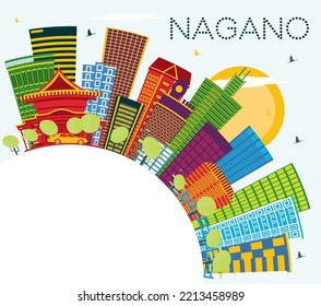 Nagano Japan City Skyline with Color Buildings, Blue Sky and Copy Space. Vector Illustration. Travel and Tourism Concept with Modern Architecture. Nagano Cityscape with Landmarks. 