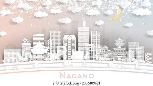 Nagano Japan City Skyline in Paper Cut Style with White Buildings, Moon and Neon Garland. Vector Illustration. Travel and Tourism Concept. Nagano Cityscape with Landmarks.