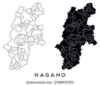 Nagano map of regions districts vector black on white and outline