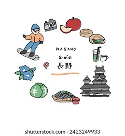 Nagano prefecture hand drawn cute icon set Translation “Nagano prefecture in Japan”