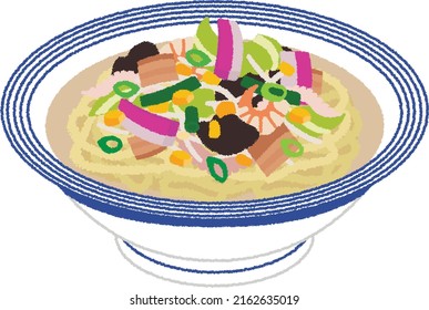 Nagasaki Champon is one of the most popular noodle dishes in Japan in Nagasaki's soul food. The ingredients include pork, fish and shellfish and plenty of vegetables.