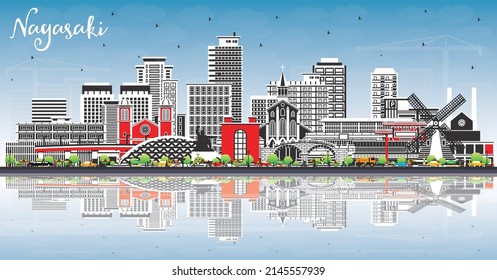 Nagasaki Japan City Skyline with Color Buildings, Blue Sky and Reflections. Vector Illustration. Nagasaki Cityscape with Landmarks. Business Travel and Tourism Concept with Historic Architecture.