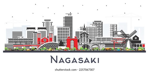 Nagasaki Japan City Skyline with Color Buildings Isolated on White. Vector Illustration. Nagasaki Cityscape with Landmarks. Business Travel and Tourism Concept with Historic Architecture.