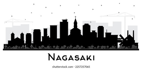 Nagasaki Japan City Skyline Silhouette with Black Buildings Isolated on White. Vector Illustration. Nagasaki Cityscape with Landmarks. Business Travel and Tourism Concept with Historic Architecture.