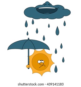 nagging sun under an umbrella from the rain on a white background