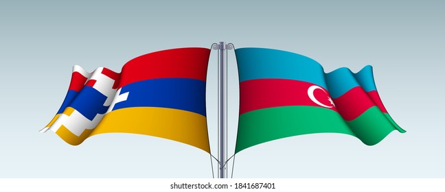 Nagorno-Karabakh and Azerbaijan flags state symbols isolated on background national banner. war for independence of Artsakh Nagorno-Karabakh, Azerbaijan. Illustration banner with realistic state flag.