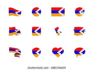 Nagorno-Karabakh flag - flat collection. Flags of different shaped twelve flat icons. Vector illustration set