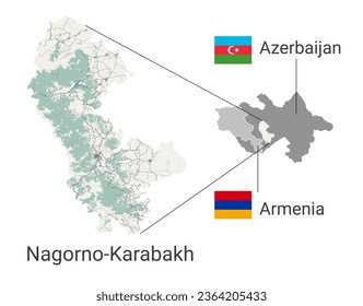 Nagorno-Karabakh map, Artsakh region. Armenia and Azerbaijan conflict territory map. Two countries.