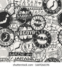 Nagoya, Aichi, Japan Stamps Background. A City Stamp Vector Art. Set of Postal Passport Travel. Design Set Pattern.